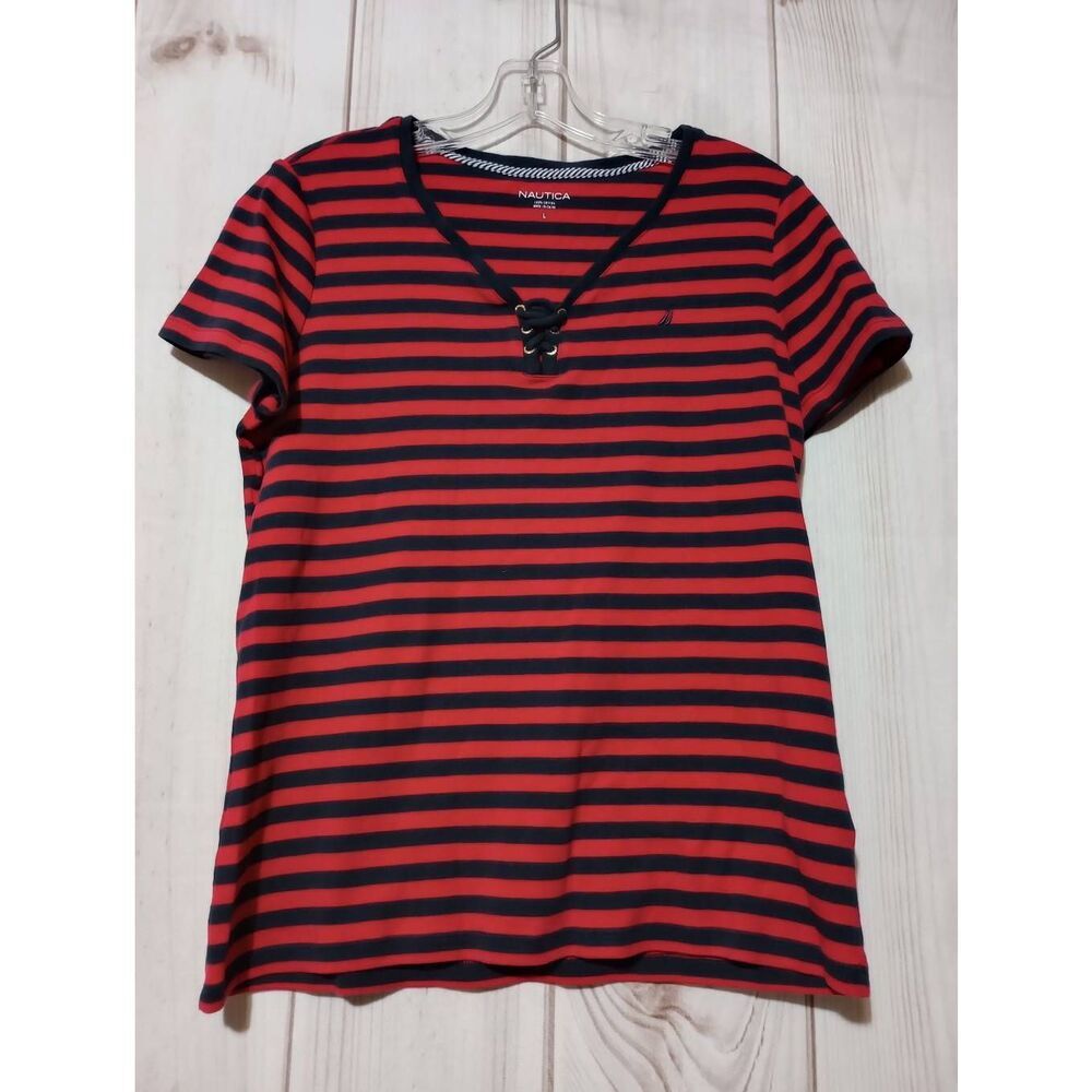 Nautica‎ Shirt Ladies Large Navy Red Short Sleeve VNeck Soft Stretchy Casual